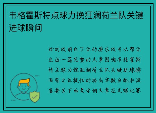 韦格霍斯特点球力挽狂澜荷兰队关键进球瞬间